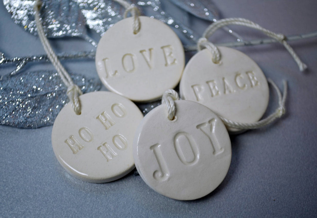 4 Miniature Christmas Ornaments- Love, Joy, Peace and Ho Ho Ho - READY TO SHIP