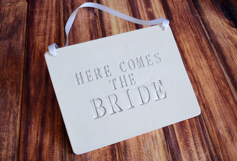 Rectangular Here Comes The Bride Wedding Sign - to carry down the aisle and use as photo prop