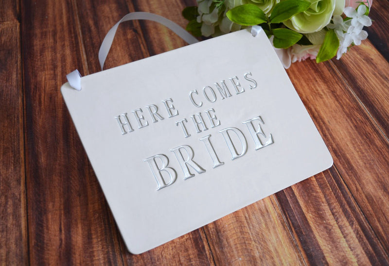 Rectangular Here Comes The Bride Wedding Sign - to carry down the aisle and use as photo prop
