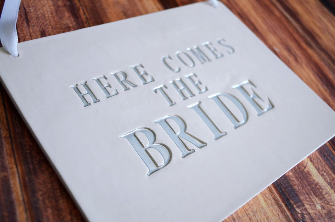 Rectangular Here Comes The Bride Wedding Sign - to carry down the aisle and use as photo prop