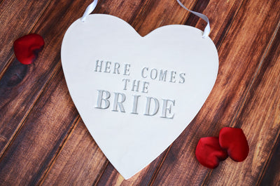 Here Comes The Bride Heart Wedding Sign - to carry down the aisle and use as photo prop