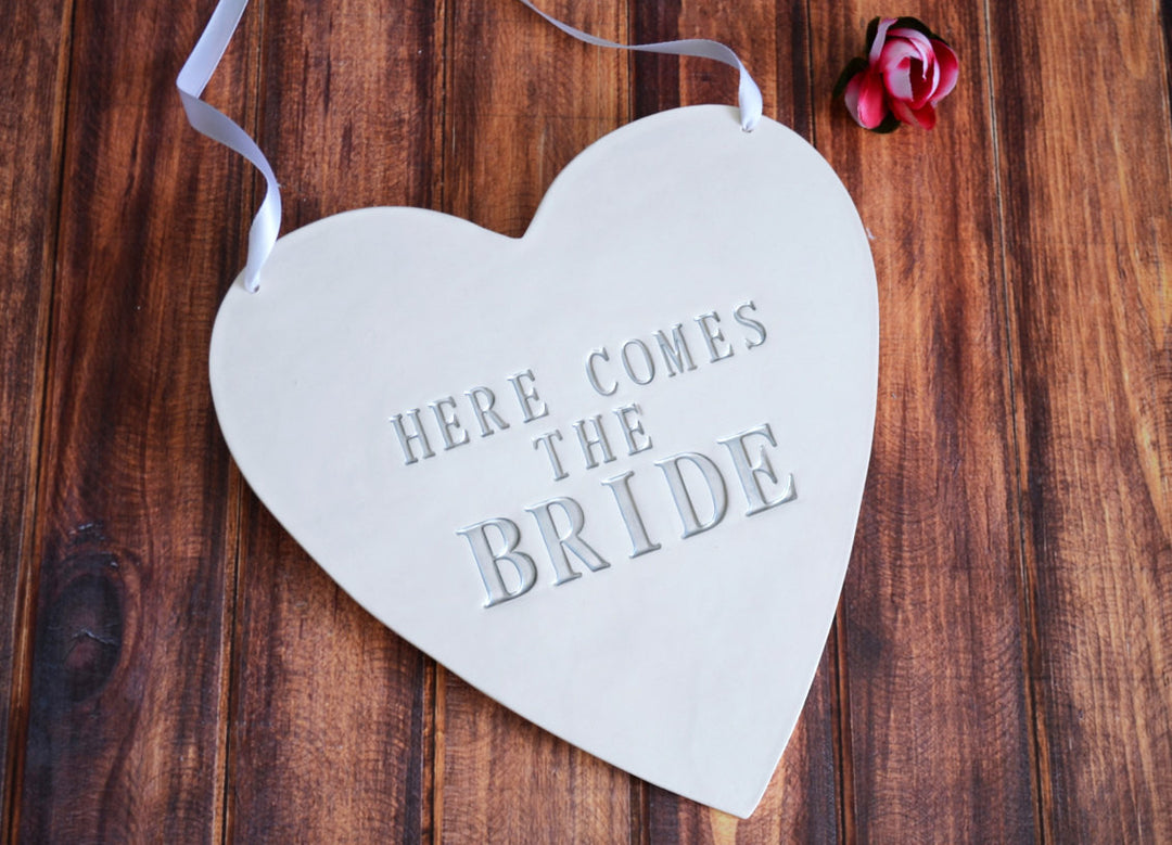 Here Comes The Bride Heart Wedding Sign - to carry down the aisle and use as photo prop