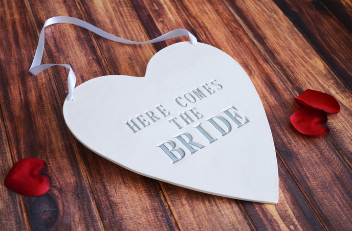 Here Comes The Bride Heart Wedding Sign - to carry down the aisle and use as photo prop