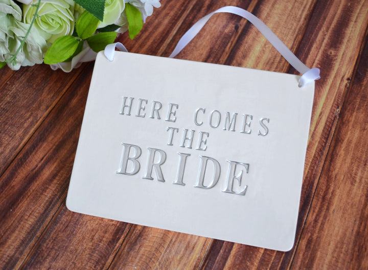 Rectangular Here Comes The Bride Wedding Sign - to carry down the aisle and use as photo prop