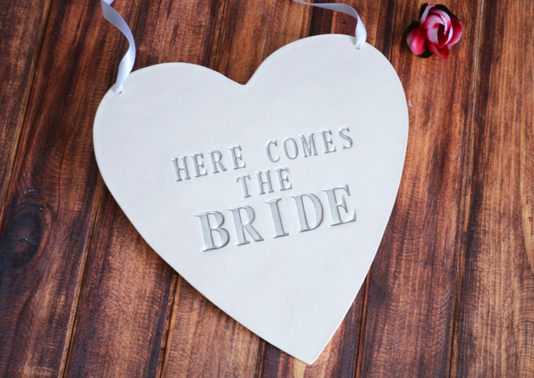 Here Comes The Bride Heart Wedding Sign - to carry down the aisle and use as photo prop