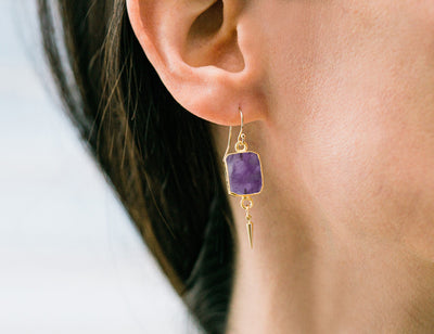 Amethyst Gemstone Slice Earrings, Raw Birthstone Earrings