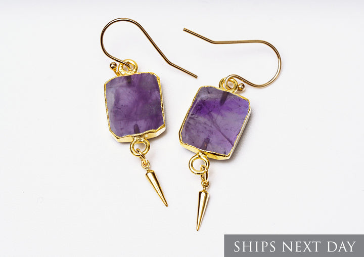 Amethyst Gemstone Slice Earrings, Raw Birthstone Earrings