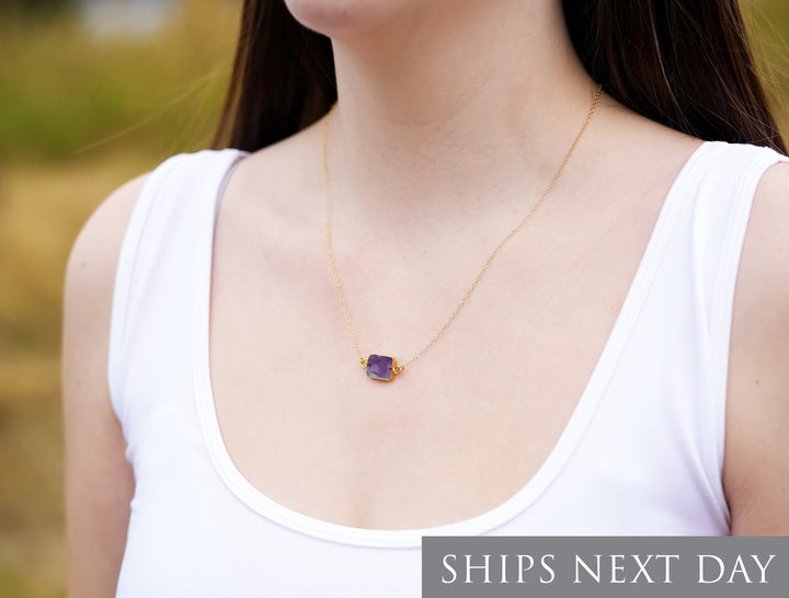 Amethyst Gemstone Slice Necklace, Raw Birthstone Necklace