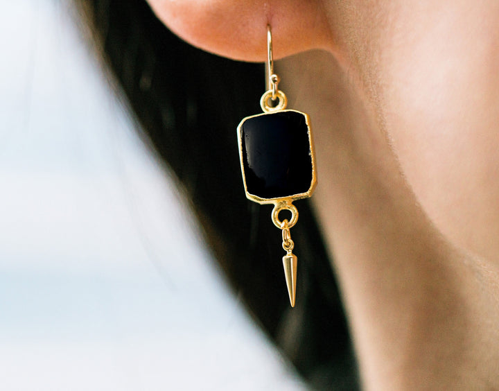 Black Onyx Gemstone Slice Earrings, Raw Birthstone Earrings