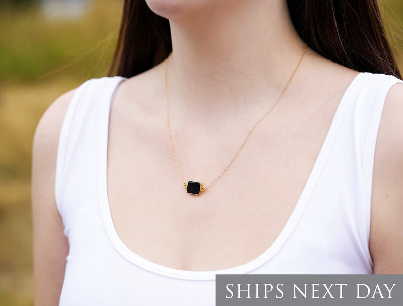 Black Onyx Gemstone Slice Necklace, Raw Birthstone Necklace