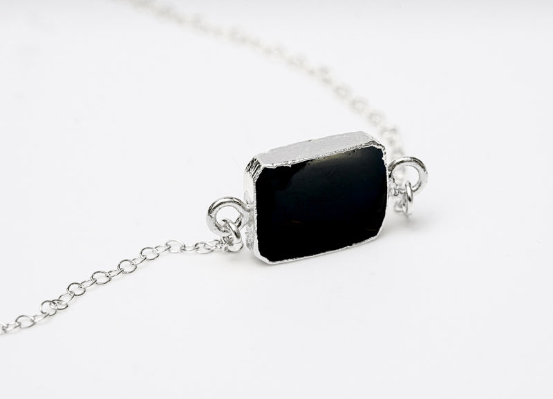 Black Onyx Gemstone Slice Necklace, Raw Birthstone Necklace