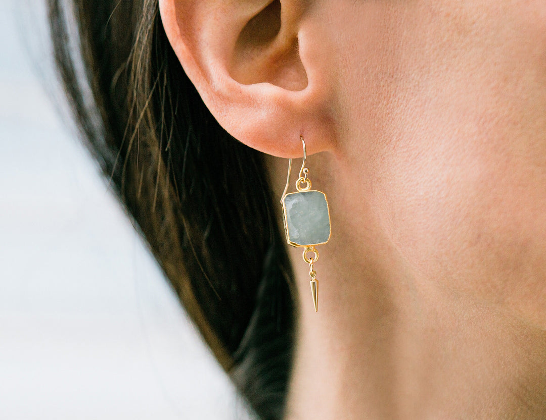 Aquamarine Gemstone Slice Earrings, Raw Birthstone Earrings