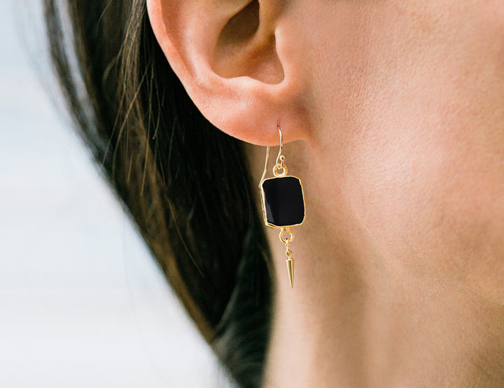 Black Onyx Gemstone Slice Earrings, Raw Birthstone Earrings