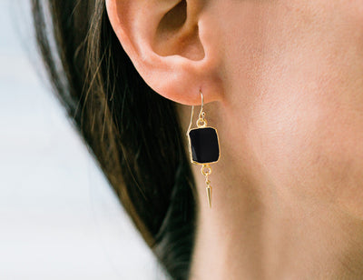 Black Onyx Gemstone Slice Earrings, Raw Birthstone Earrings