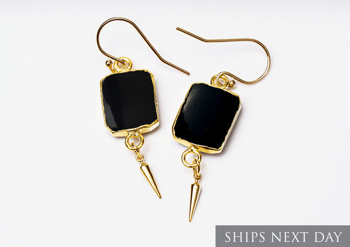 Black Onyx Gemstone Slice Earrings, Raw Birthstone Earrings