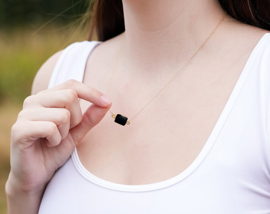 Black Onyx Gemstone Slice Necklace, Raw Birthstone Necklace