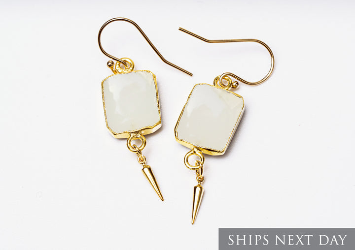 White Agate Gemstone Slice Earrings, Raw Birthstone Earrings