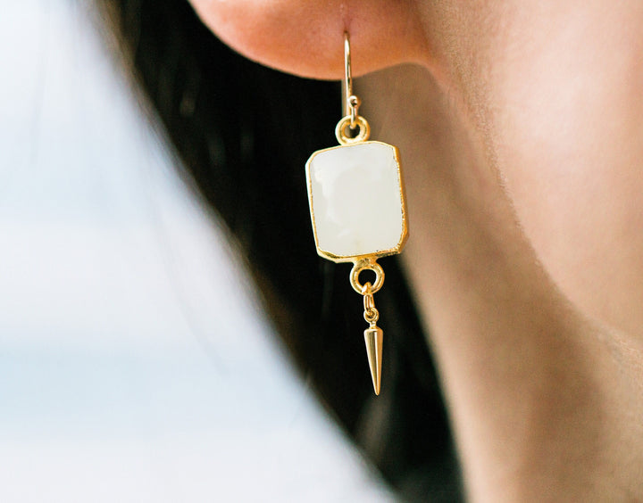 White Agate Gemstone Slice Earrings, Raw Birthstone Earrings