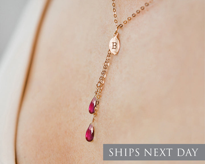 Personalized Garnet Necklace, Dainty Drop January Birthstone