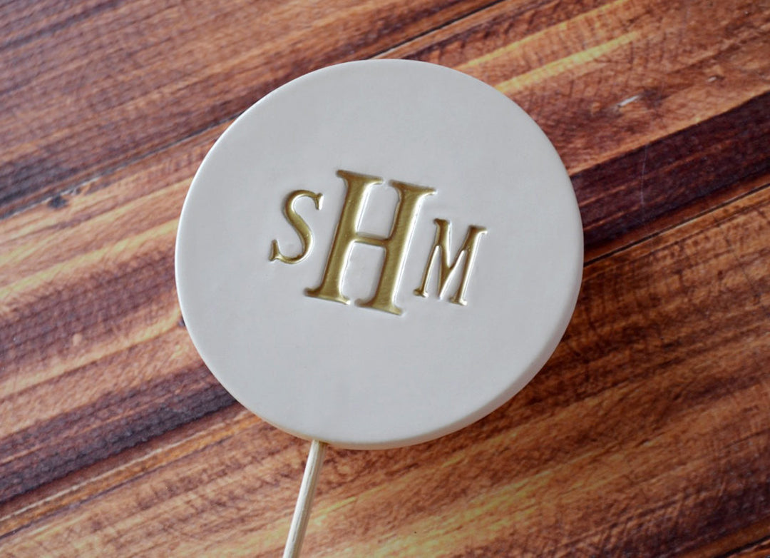 Ceramic Modern Wedding Cake Topper with Monogram - Text Available in Different Colors