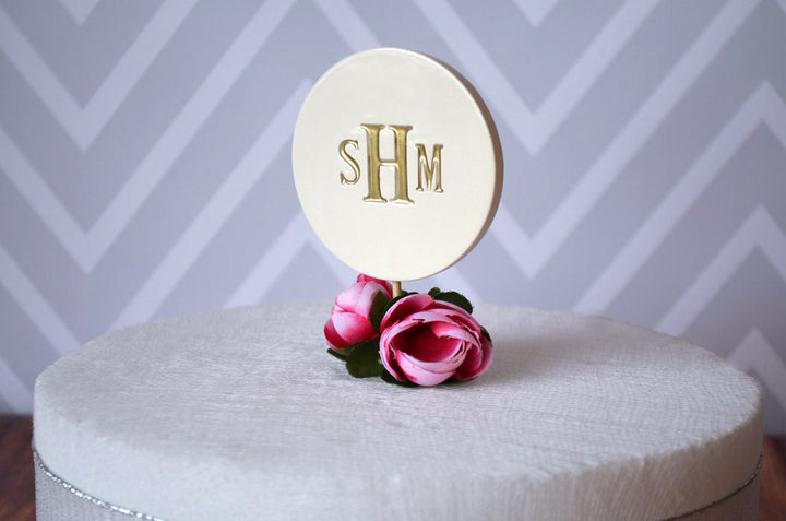 Ceramic Modern Wedding Cake Topper with Monogram - Text Available in Different Colors
