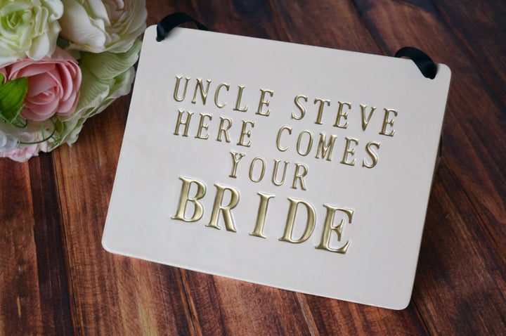 Personalized rectangular Here Comes The Bride Wedding Sign - to carry down the aisle and use as photo prop