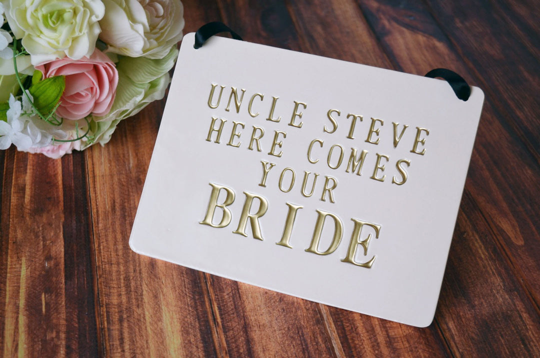 Personalized rectangular Here Comes The Bride Wedding Sign - to carry down the aisle and use as photo prop