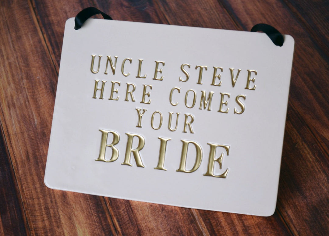 Personalized rectangular Here Comes The Bride Wedding Sign - to carry down the aisle and use as photo prop