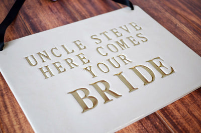 Personalized rectangular Here Comes The Bride Wedding Sign - to carry down the aisle and use as photo prop