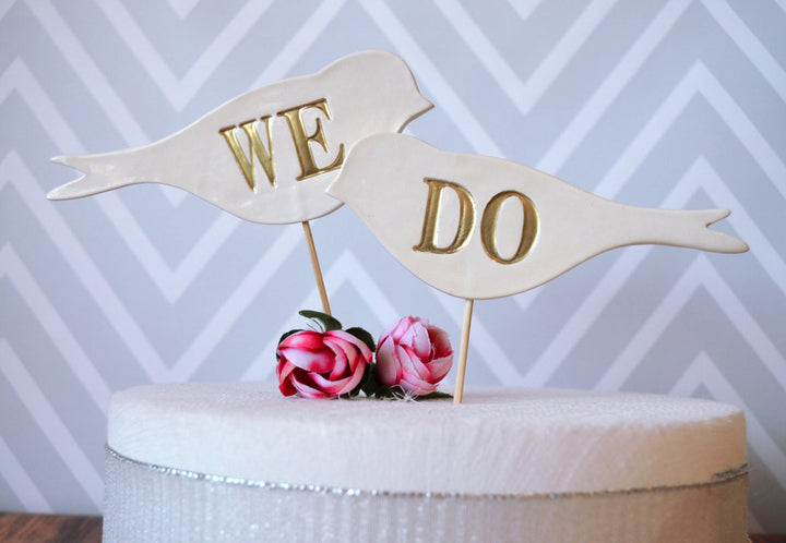 We Do Bird Wedding Cake Toppers in Gold - READY TO SHIP - Large Size