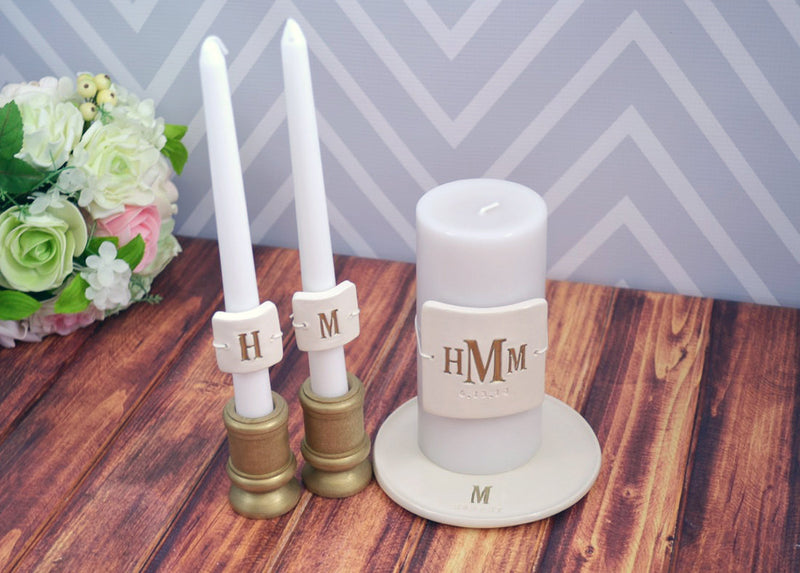 PERSONALIZED Unity Candle Wedding Ceremony Set with Candle Holders and Plate - in Gold