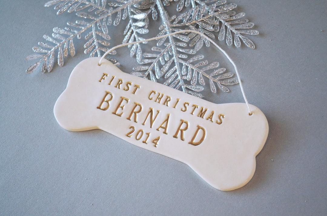 Large Personalized Dog Christmas Ornament with Name in Gold - Gift Packaged