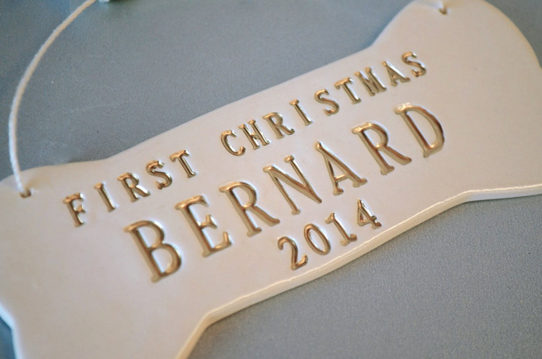 Large Personalized Dog Christmas Ornament with Name in Gold - Gift Packaged