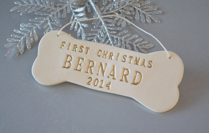 Large Personalized Dog Christmas Ornament with Name in Gold - Gift Packaged