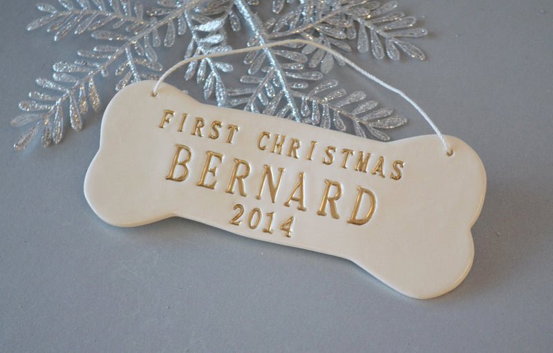 Large Personalized Dog Christmas Ornament with Name in Gold - Gift Packaged