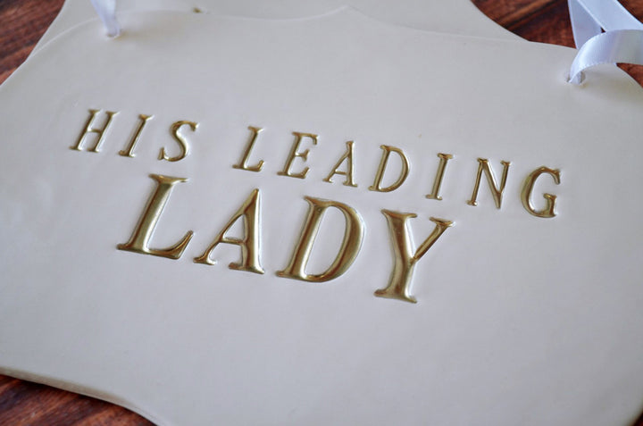 Large 'His Leading Lady' and "Her Leading Man' Wedding Sign Set to Hang on Chair and Use as Photo Prop