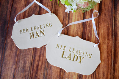 Large 'His Leading Lady' and "Her Leading Man' Wedding Sign Set to Hang on Chair and Use as Photo Prop