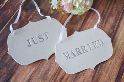 Large Silver 'Just Married' Wedding Sign Set to Hang on Chair and Use as Photo Prop