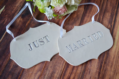Large Silver 'Just Married' Wedding Sign Set to Hang on Chair and Use as Photo Prop