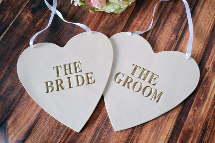 Large Heart Shaped The Bride & The Groom Wedding Sign Set to Hang on Chair and Use as Photo Prop