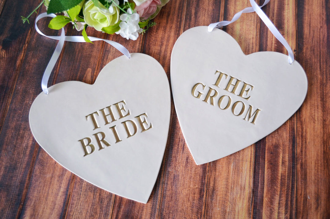 Large Heart Shaped The Bride & The Groom Wedding Sign Set to Hang on Chair and Use as Photo Prop