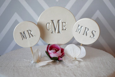 Monogrammed Wedding Cake Topper with Initials and Mr. & Mrs. toppers