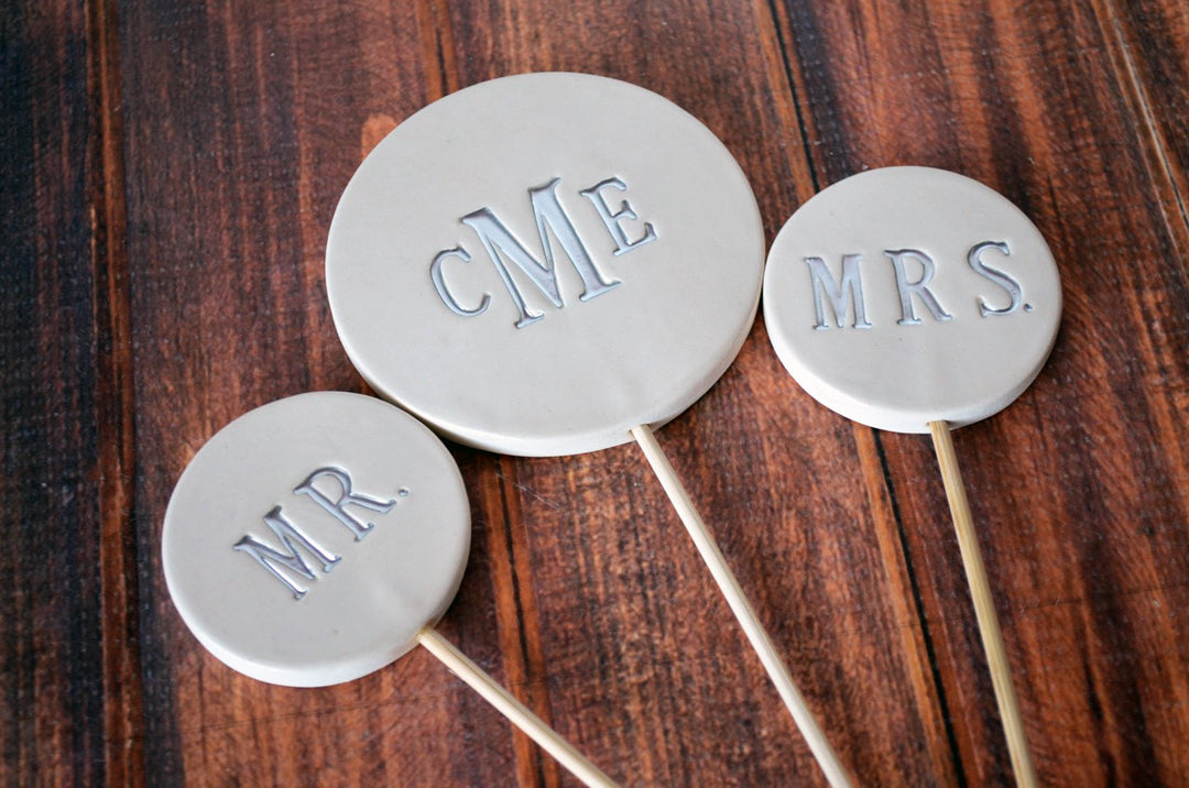 Monogrammed Wedding Cake Topper with Initials and Mr. & Mrs. toppers