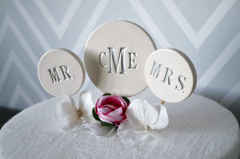 Monogrammed Wedding Cake Topper with Initials and Mr. & Mrs. toppers
