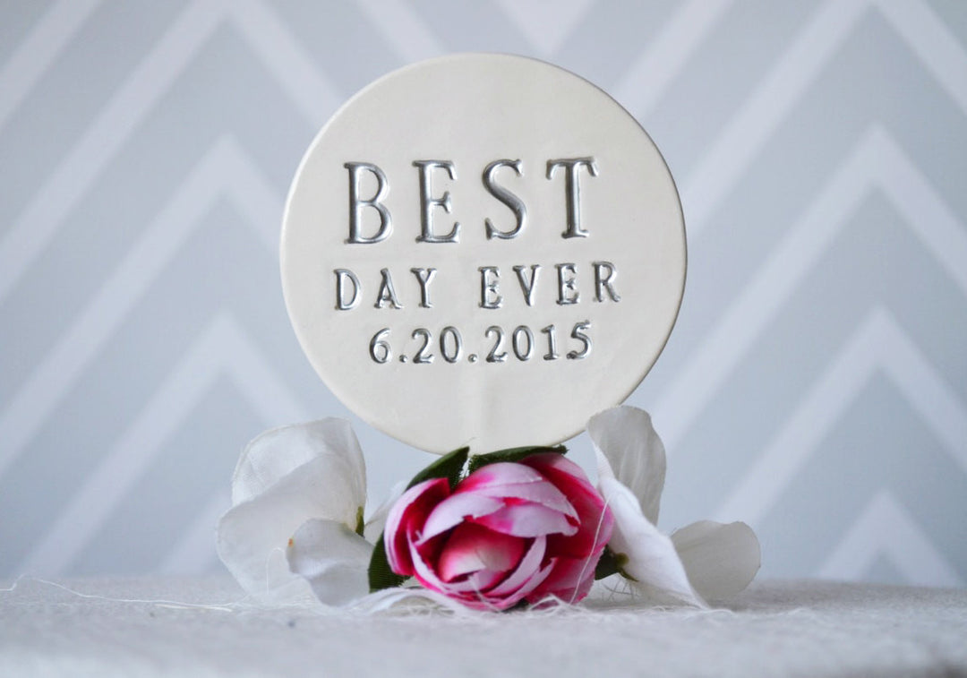 PERSONALIZED Round Best Day Ever Wedding Cake Topper with Mr. and Mrs. Toppers