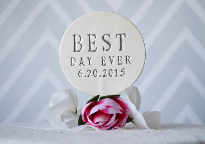 PERSONALIZED Round Best Day Ever Wedding Cake Topper with Mr. and Mrs. Toppers