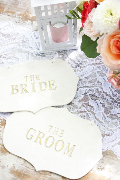 Large The Bride & The Groom Wedding Sign Set to Hang on Chair and Use as Photo Prop