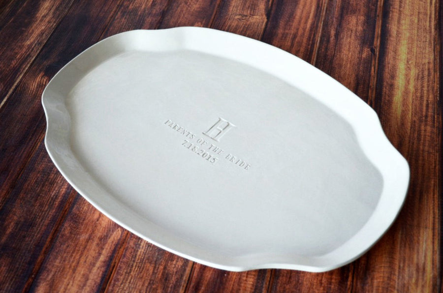 personalized serving platter for parents of the bride with initial and date