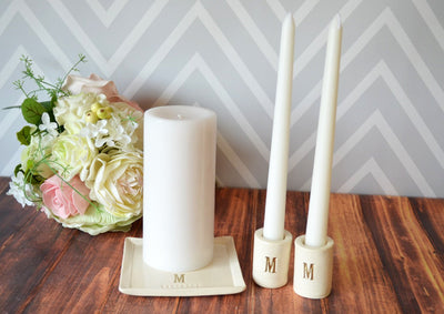 PERSONALIZED Unity Candle Ceremony Set with Ceramic Candle Holders and Square Plate