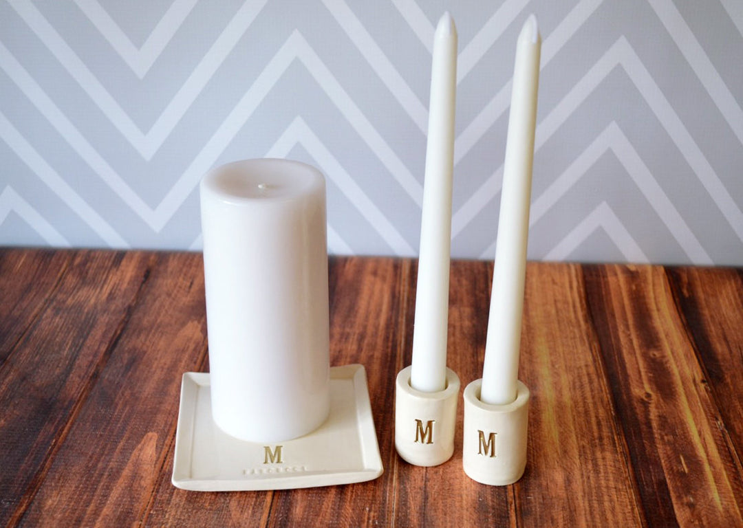 PERSONALIZED Unity Candle Ceremony Set with Ceramic Candle Holders and Square Plate